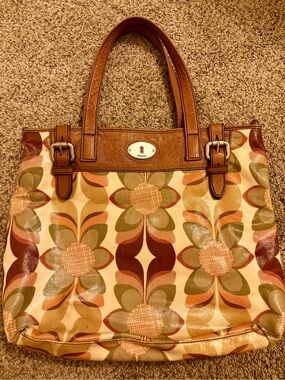 Fossil Retro Floral Tote in Brown, Olive and Cream